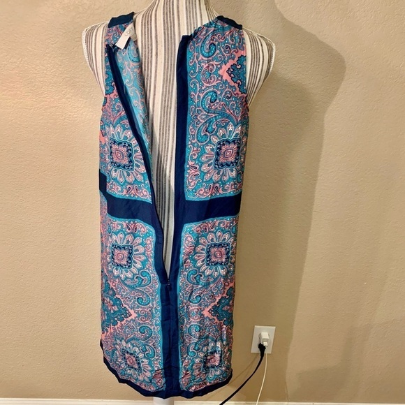 LOFT Sheath Dress Small Teal Pink Navy Sleeveless Lightweight Patterned Back Zip - Picture 9 of 14